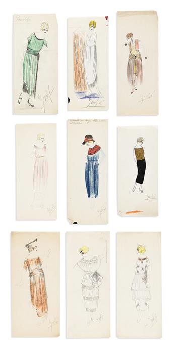 (FASHION -- ART DECO.) Group of approximately 45 loose sketches of womens clothing and accessories.